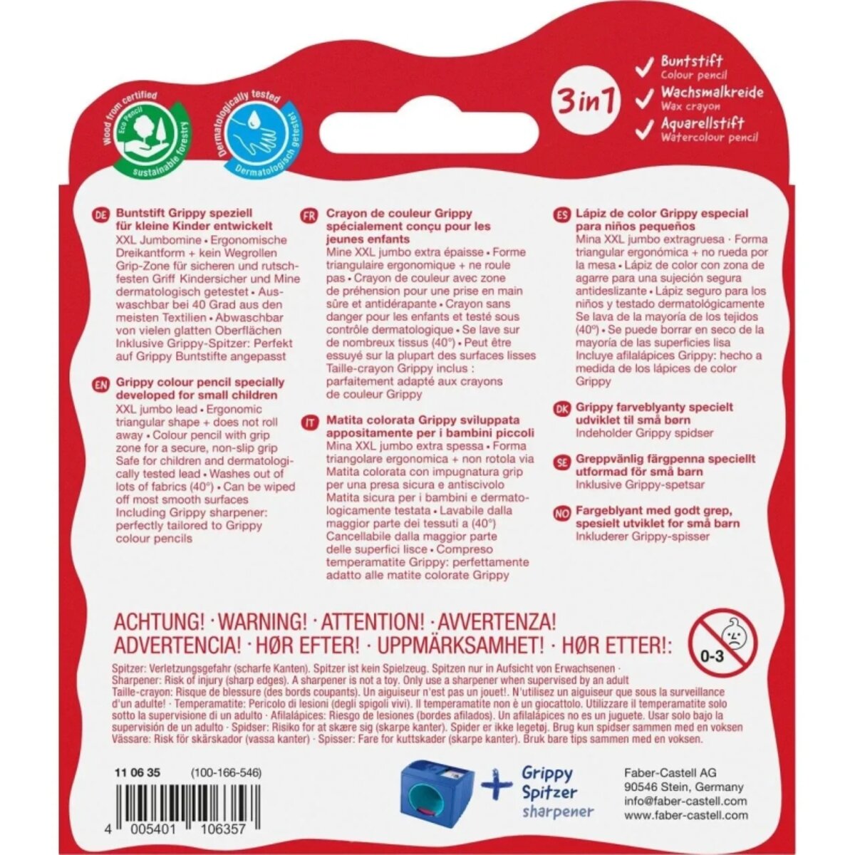 Faber-Castell Buntstift Grippy 6er Set mit Spitzer und weicher XXL Jumbomine