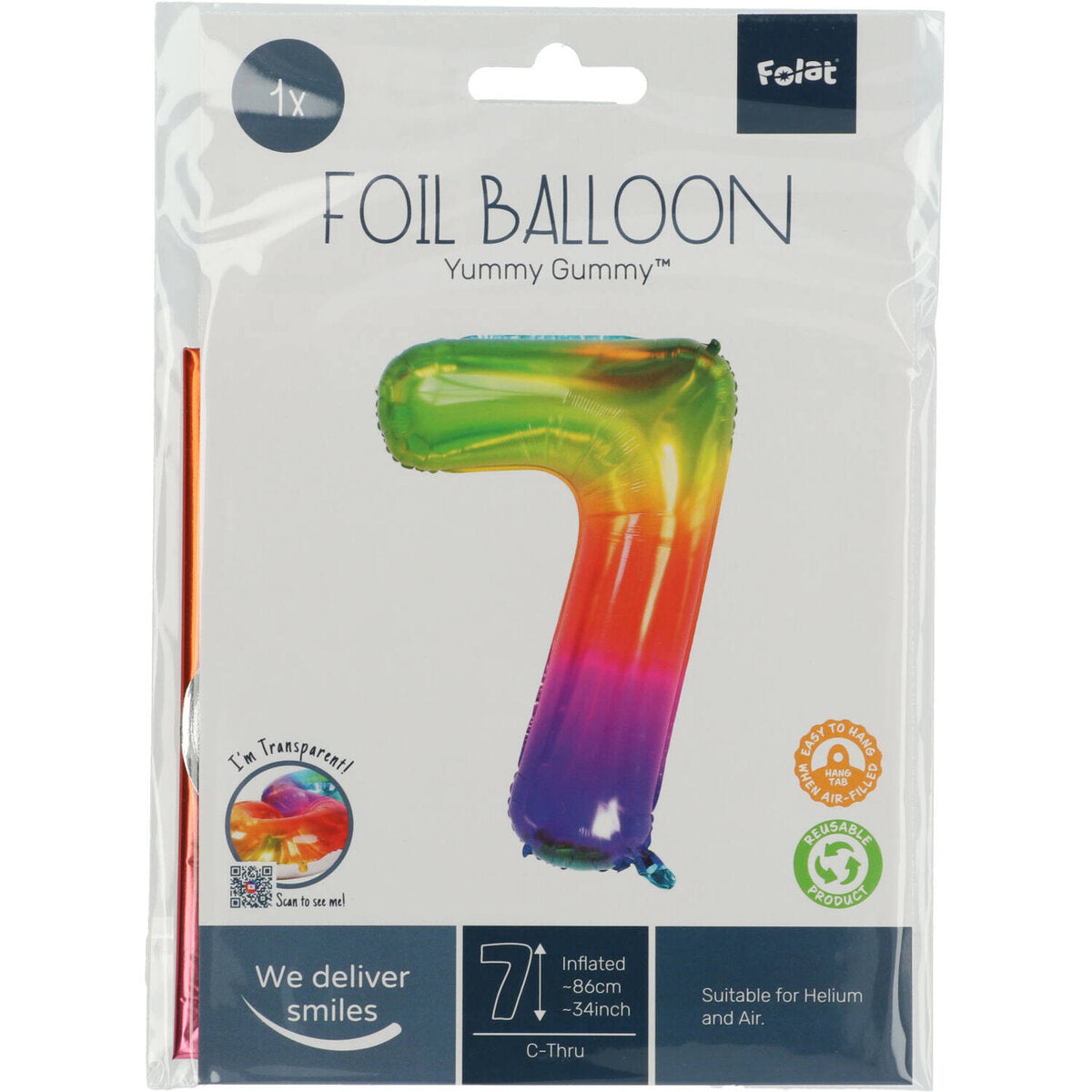 Folat Folienballon Zahl 7 Yummy Gummy Rainbow - 81 cm