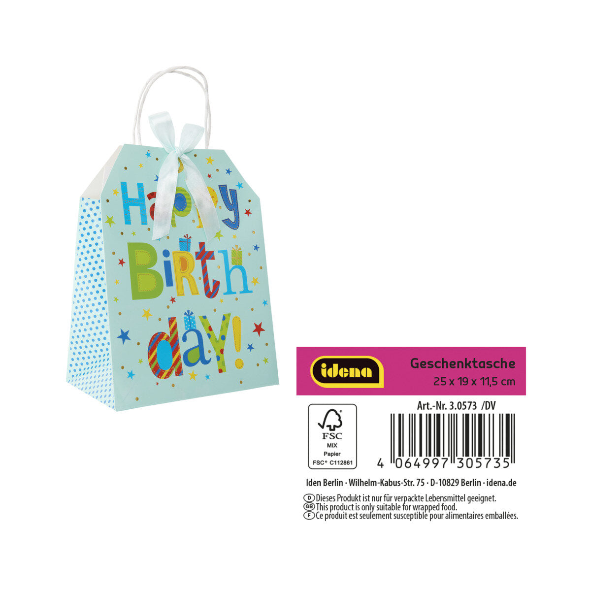 Idena Geschenktasche Happy Birthday blau 19 x 25 x 11,5 cm
