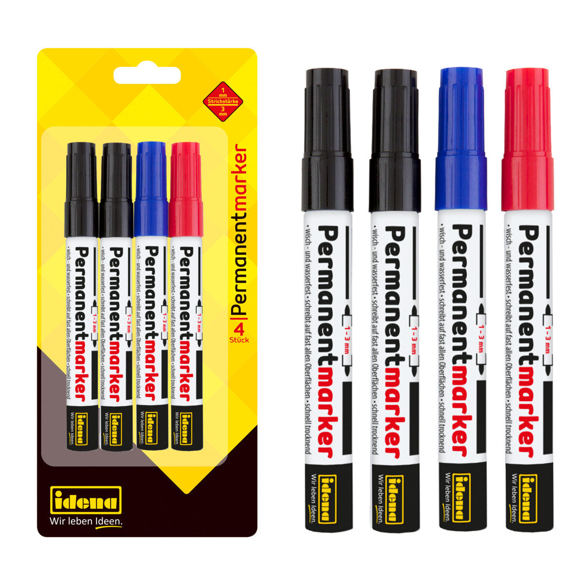 Idena Permanentmarker 4er 2x Schwarz,1x Blau und Rot