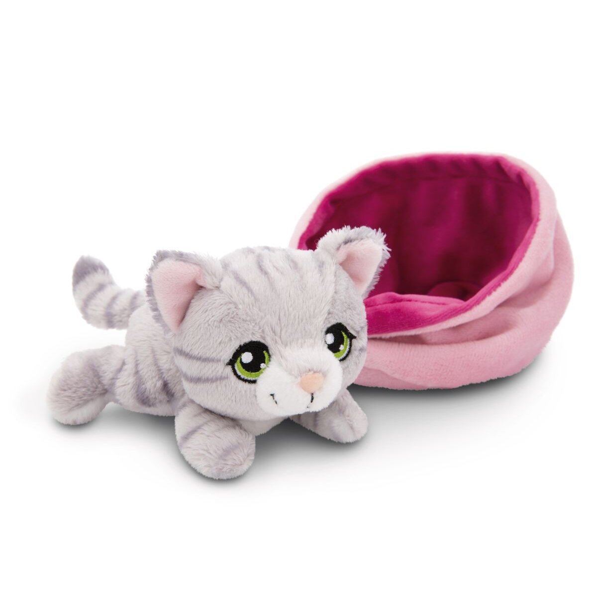 NICI Kuscheltier Katze grau getigert 12cm im Körbchen pink