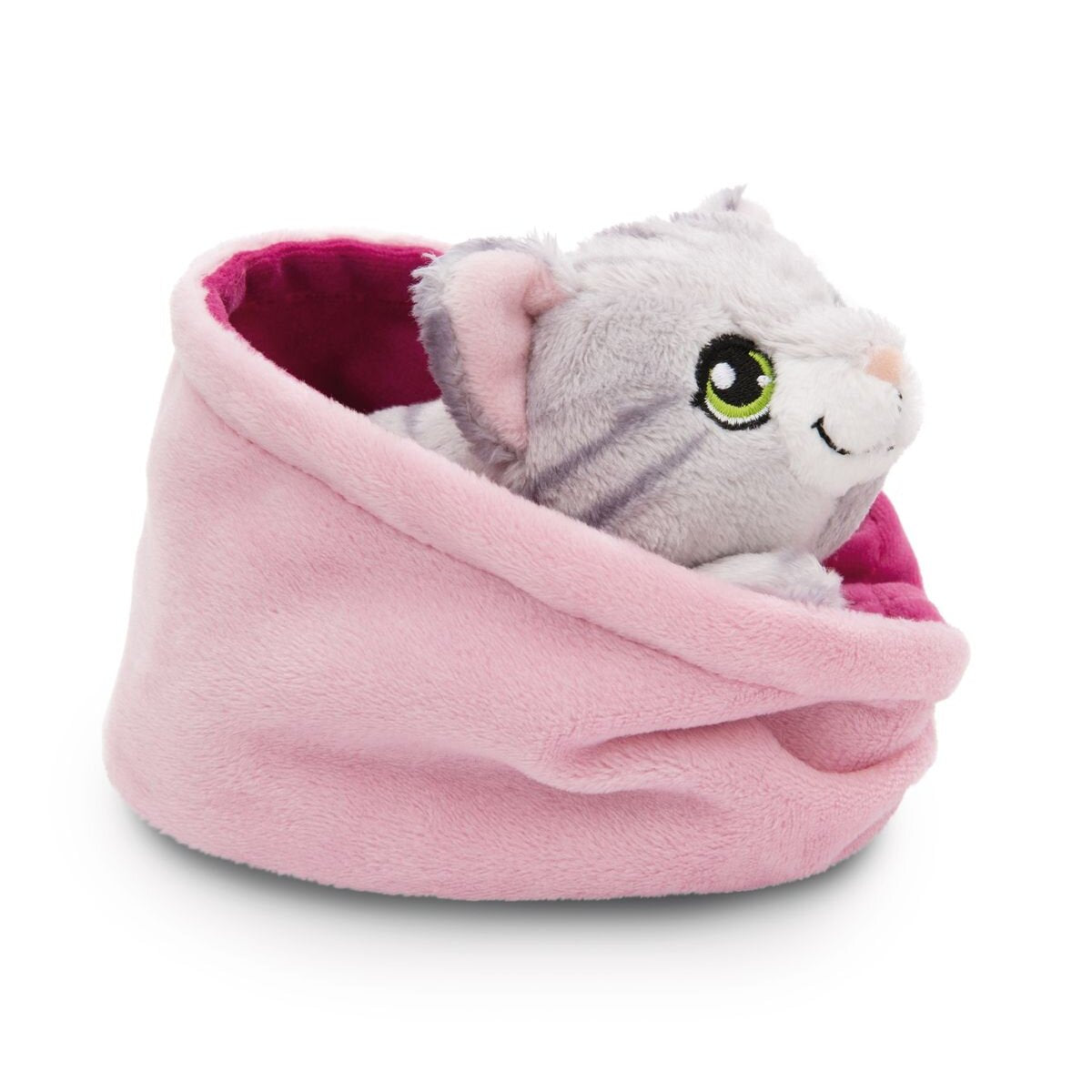 NICI Kuscheltier Katze grau getigert 12cm im Körbchen pink