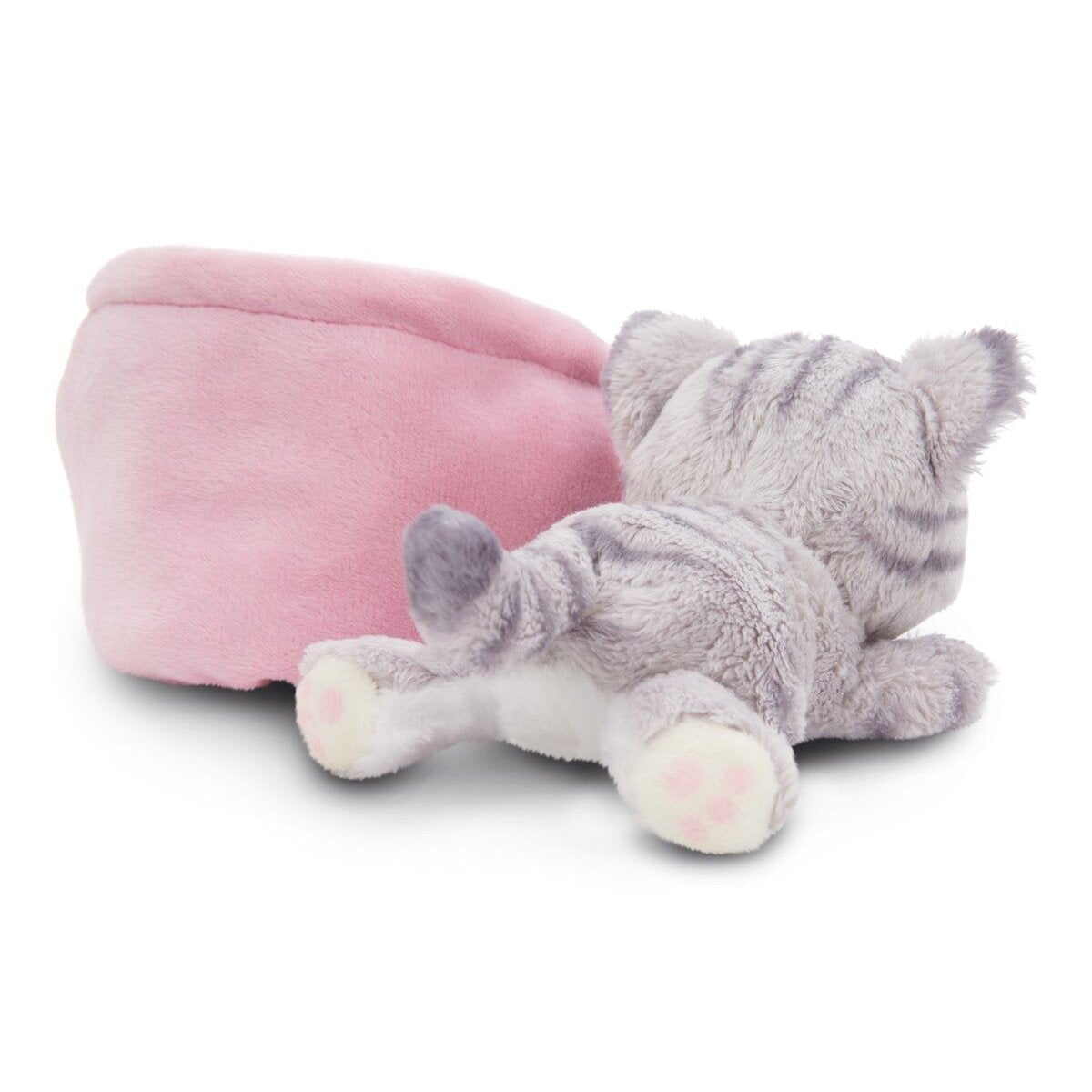 NICI Kuscheltier Katze grau getigert 12cm im Körbchen pink