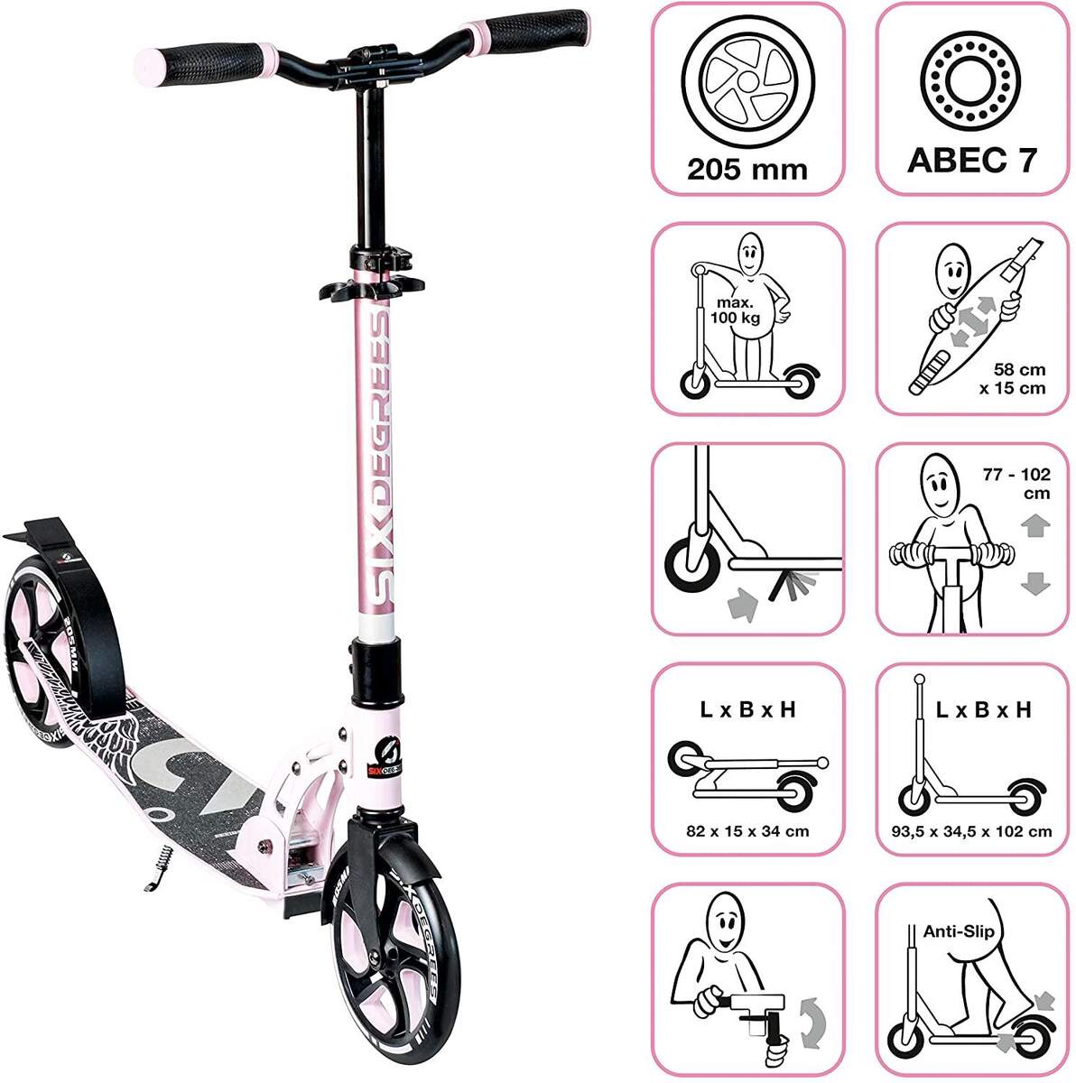 Authentic Sports Six Degrees Aluminium Scooter mit Klappmechanismus, pastell-pink