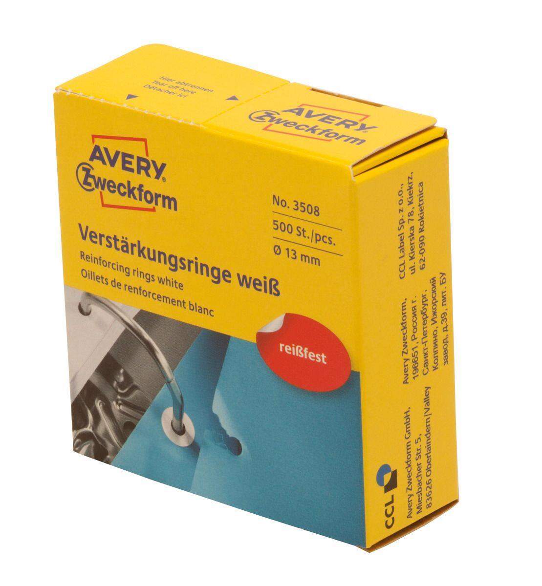 Avery Zweckform 3508 Verstärkungs Ringe Ø 13 mm, 1 Rolle/500 Verstärkungsringe, weiß