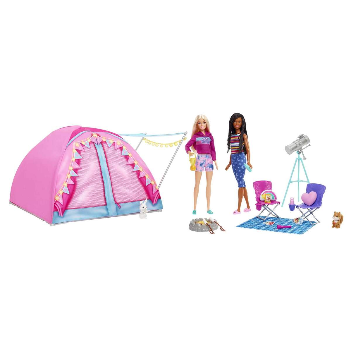 Barbie „Abenteuer zu zweit“ Camping-Spielset mit Zelt, 2 Barbie-Puppen und Zubehörteilen