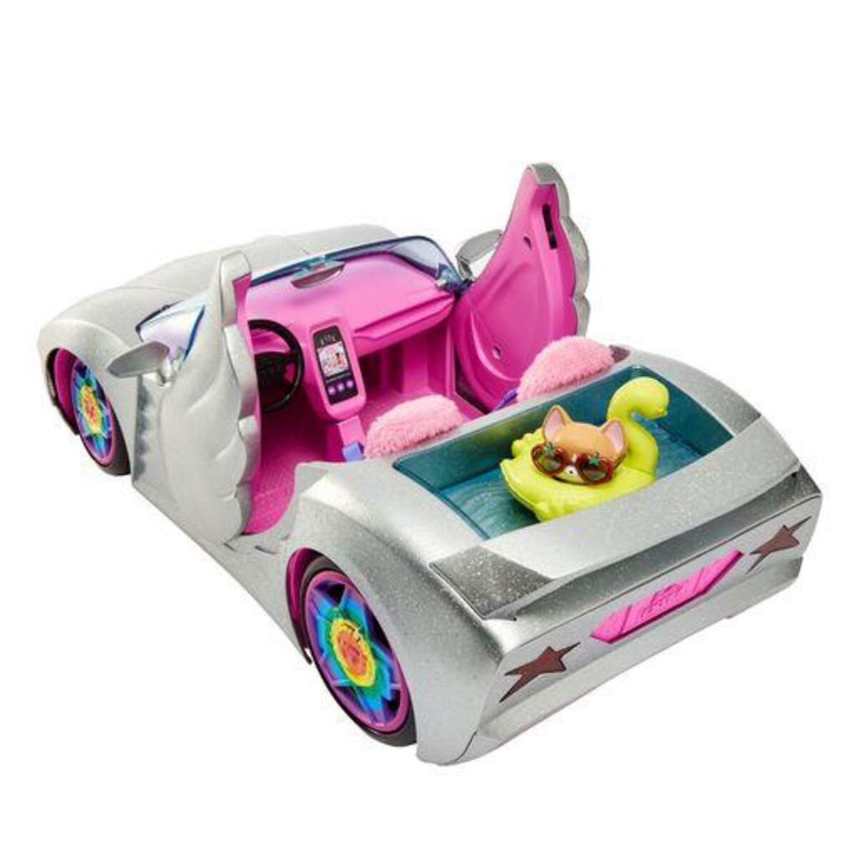 Barbie Extra Auto Cabrio (glitzert) mit Regenbogen Reifen, Zubehör