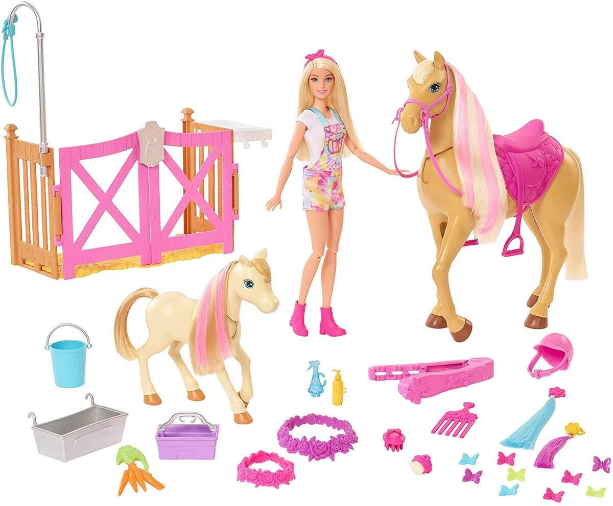 Barbie Reiterin Puppe, inkl. Pferd und Fohlen mit Farbwechsel Mähne, Set, Zubehör