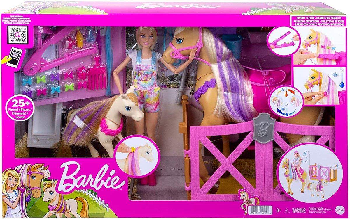 Barbie Reiterin Puppe, inkl. Pferd und Fohlen mit Farbwechsel Mähne, Set, Zubehör