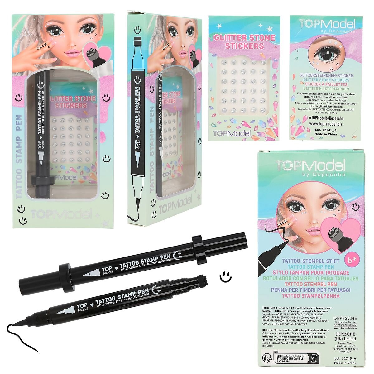 Depesche TOPModel Tattoostift mit Glitzersteinen BEAUTY and ME, 1 Stück, 3-fach sortiert