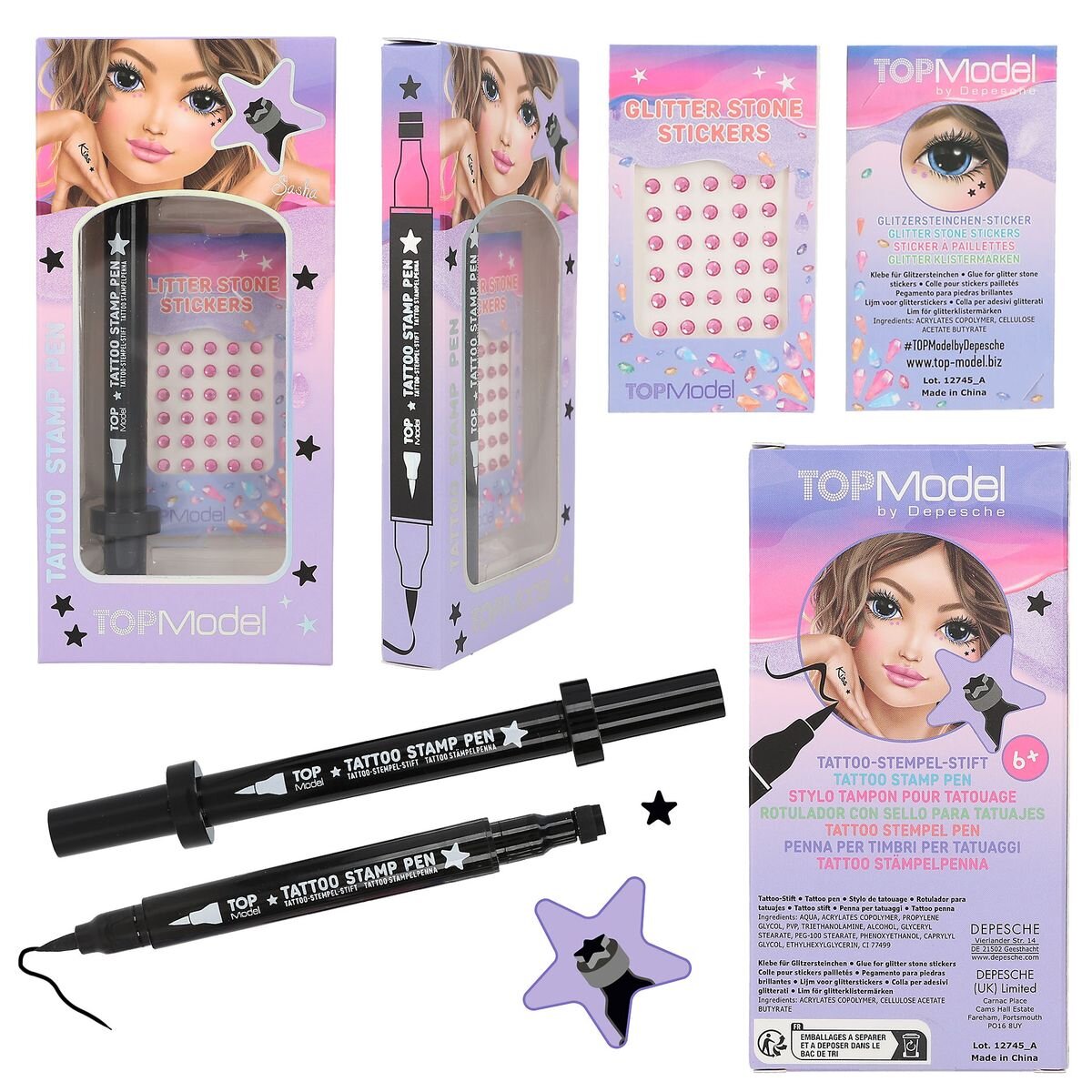 Depesche TOPModel Tattoostift mit Glitzersteinen BEAUTY and ME, 1 Stück, 3-fach sortiert