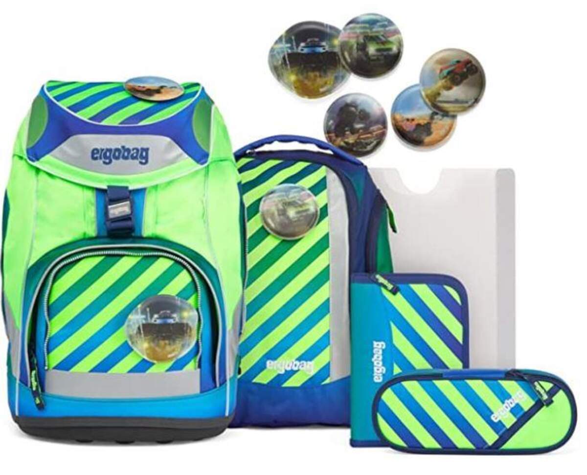 ergobag PACK Set TruckBär Neo Edition, ergonomischer Schulrucksack, Set 6-teilig