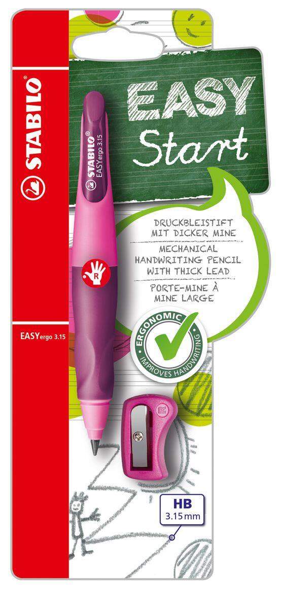 Ergonomischer Druck-Bleistift für Rechtshänder - STABILO EASYergo 3.15 in pink/lila - Einzelstift - inklusive 1 dicken Mine - Härtegrad HB & Spitzer