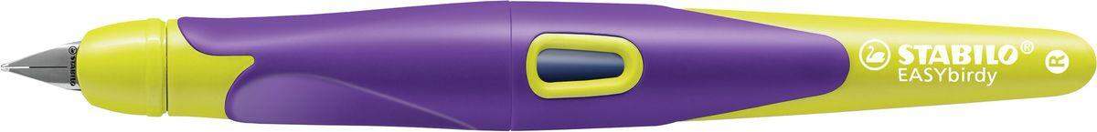 Ergonomischer Schulfüller für Rechtshänder mit Anfänger-Feder A - STABILO EASYbirdy in violett/gelb - Einzelstift - inklusive Patrone - Schreibfarbe blau (löschbar)
