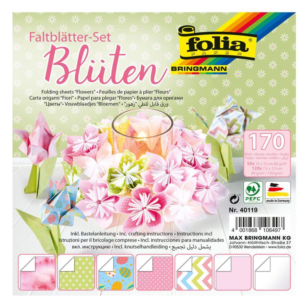 Folia Faltblätter-Set Blüten in 2 Größen, 50 Blatt im Format 15 x 15 cm + 120 Blatt im Format 7,5 x 7,5 cm