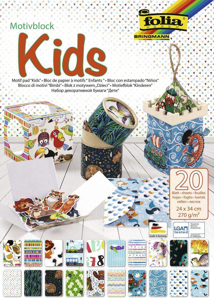 Folia Motivblock Kids, 270 g/qm, ca. 24 x 34 cm, 20 Blatt sortiert in 20 verschiedenen Motiven