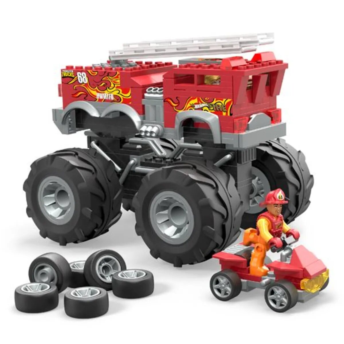 Mattel Hot Wheels Mega Construx Feuerwehr-Auto Monster Truck mit 2 Figuren