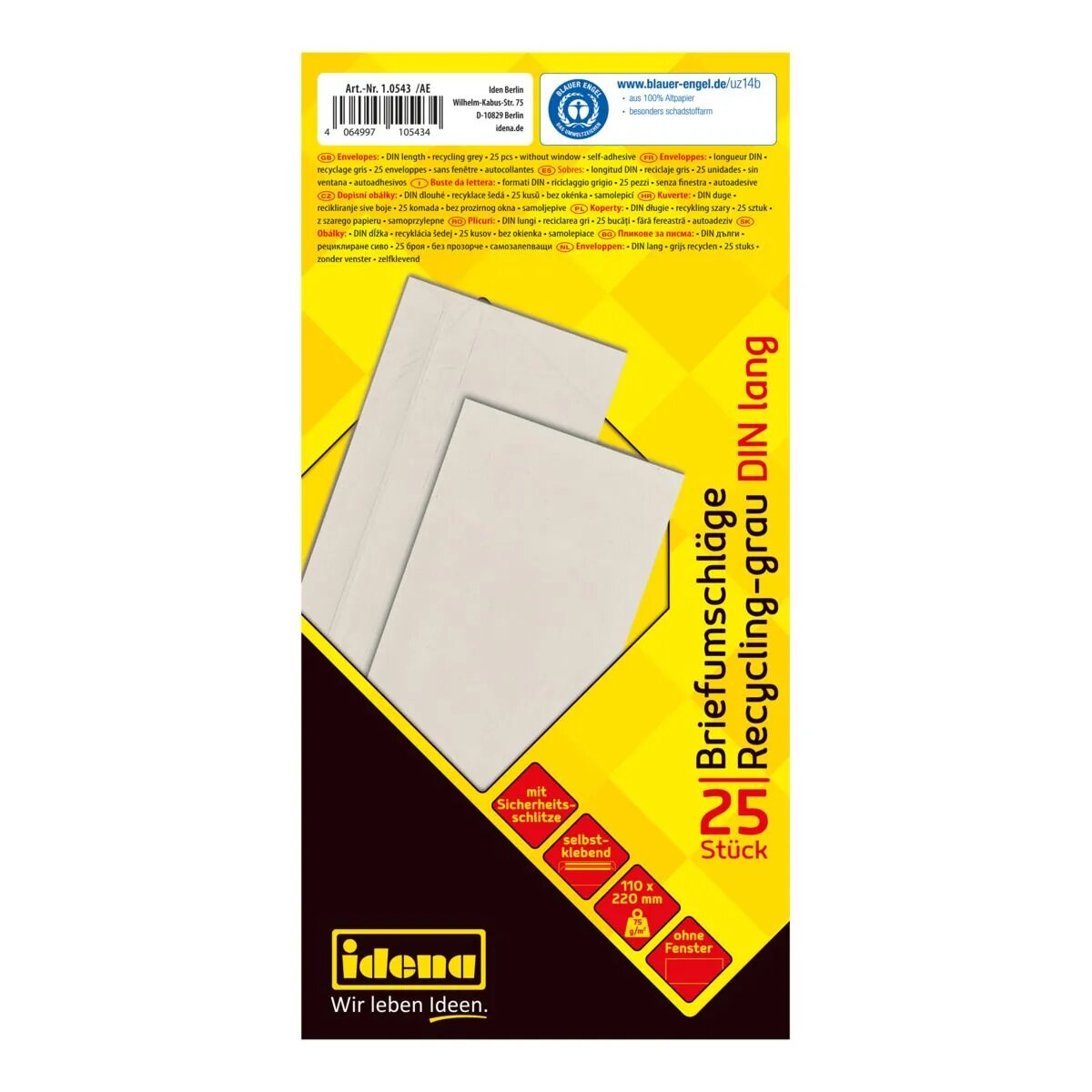 Idena 10543 Briefumschläge DIN lang recycl., 25 Stück