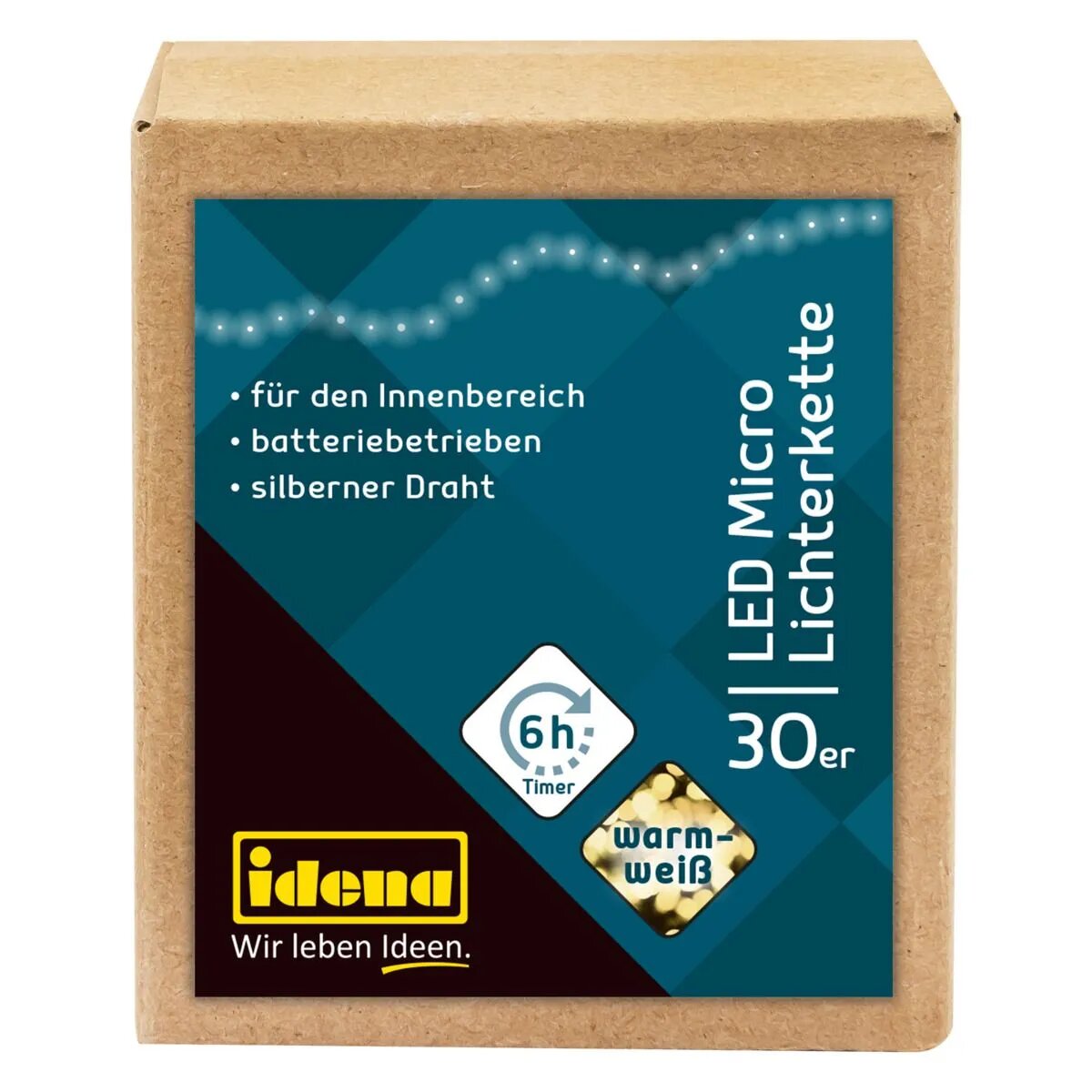 Idena 30er LED Micro-Lichterkette, warmweiß, für innen, batterieb., silberner Draht, Timer