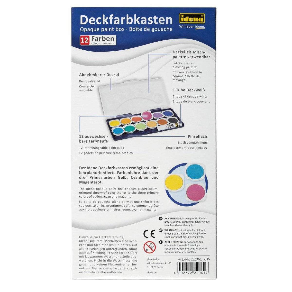 Idena Deckfarbkasten, 12 Farben, 1 Tube Deckweiß