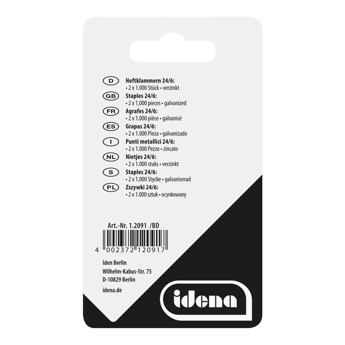 Idena Heftklammern, 24/6, 2 x 1.000 Stück, verzinkt