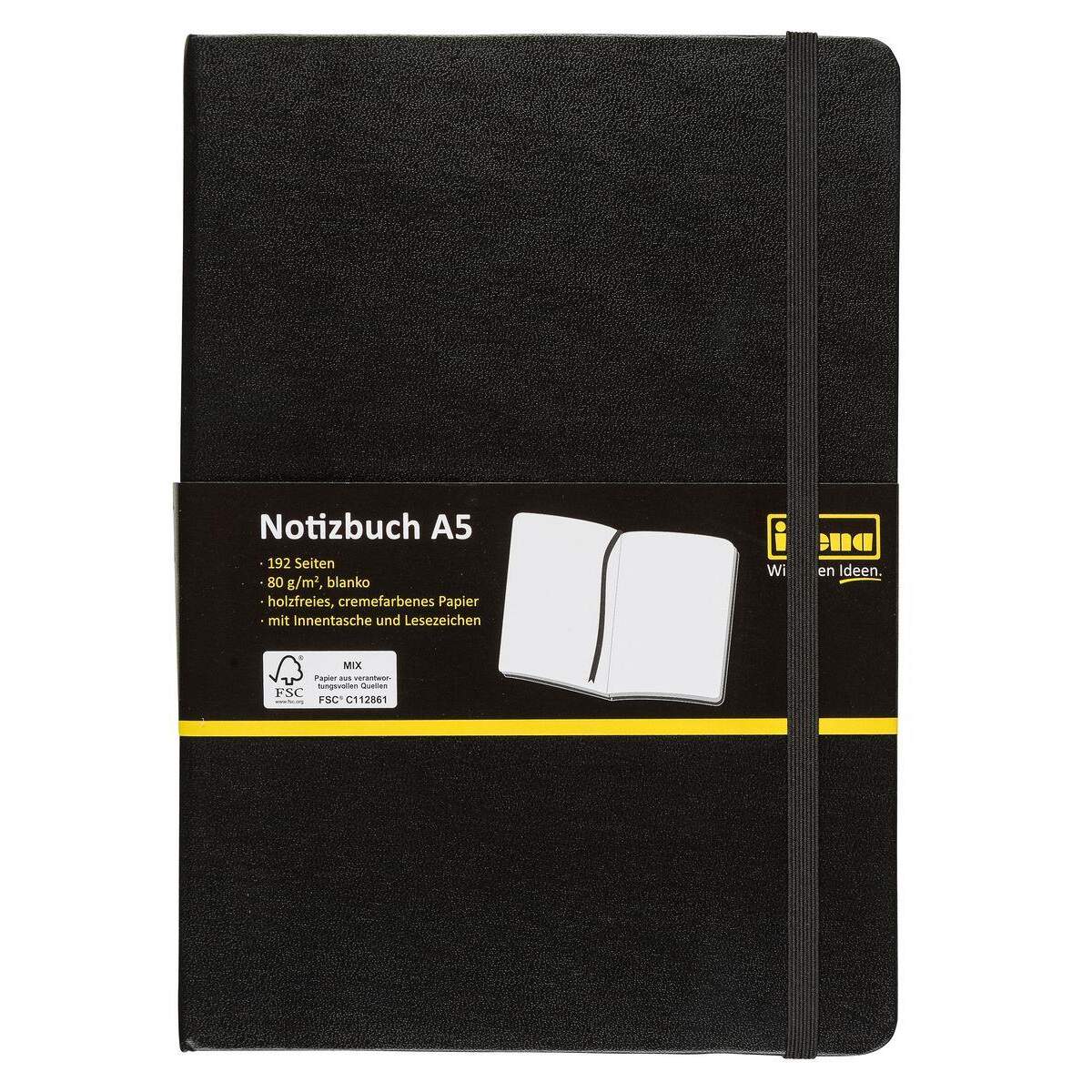Idena Notizbuch, DIN A5, 192 Seiten, 80 g, blanko, Hardcover, schwarz