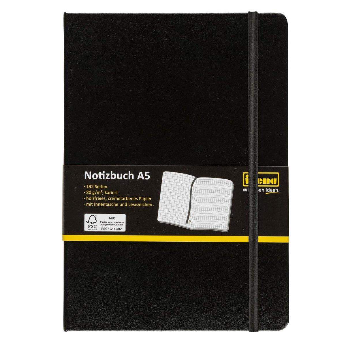 Idena Notizbuch, DIN A5, 192 Seiten, 80 g, kariert, Hardcover, schwarz