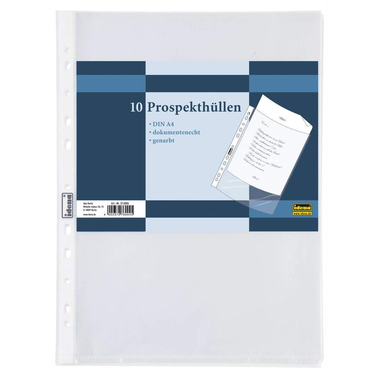 Idena Prospekthülle A4, 10 Stück, genarbt, Folienstärke 0,06 mm