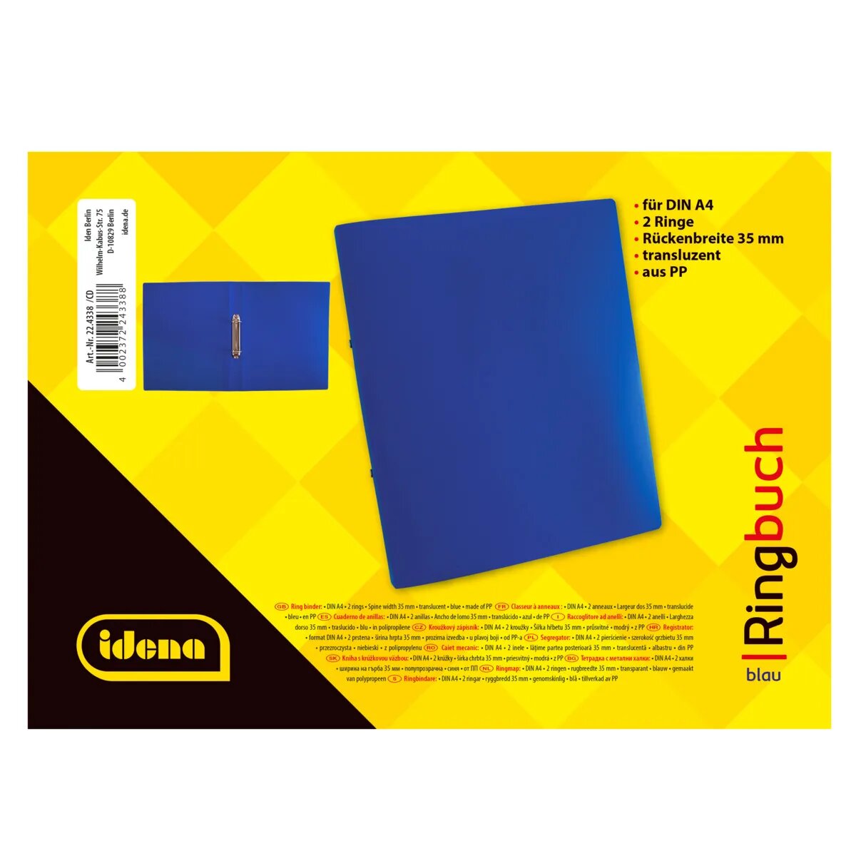 Idena Ringbuch, DIN A4, 3,5 cm Rücken, transluzent, blau