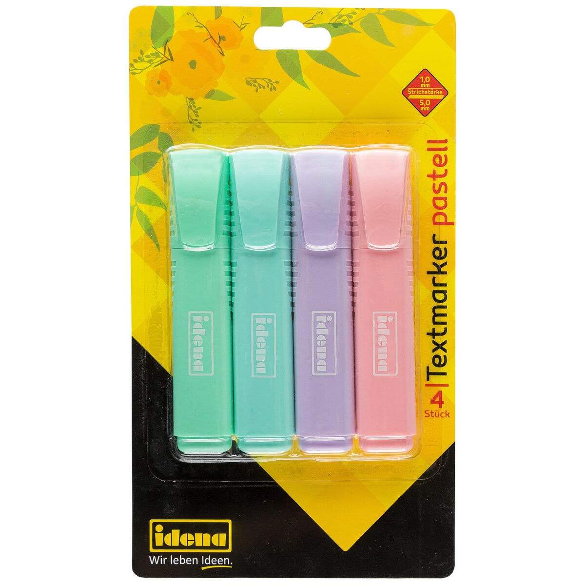 Idena Textmarker Pastell, 4 Stück, Strichstärke 1 mm - 5 mm