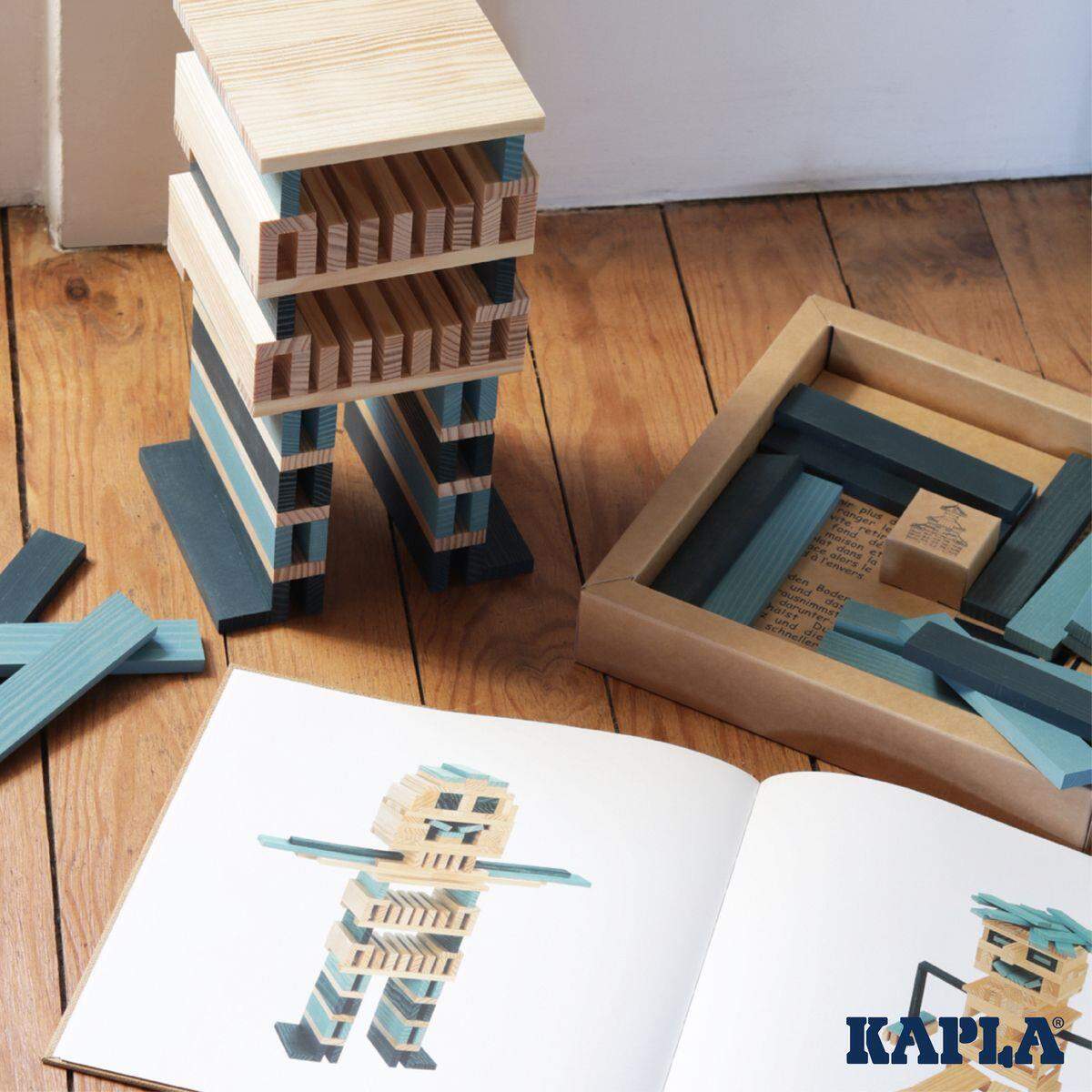 KAPLA® Holzbausteine in 40er Box mit Buch, blau / hellblau