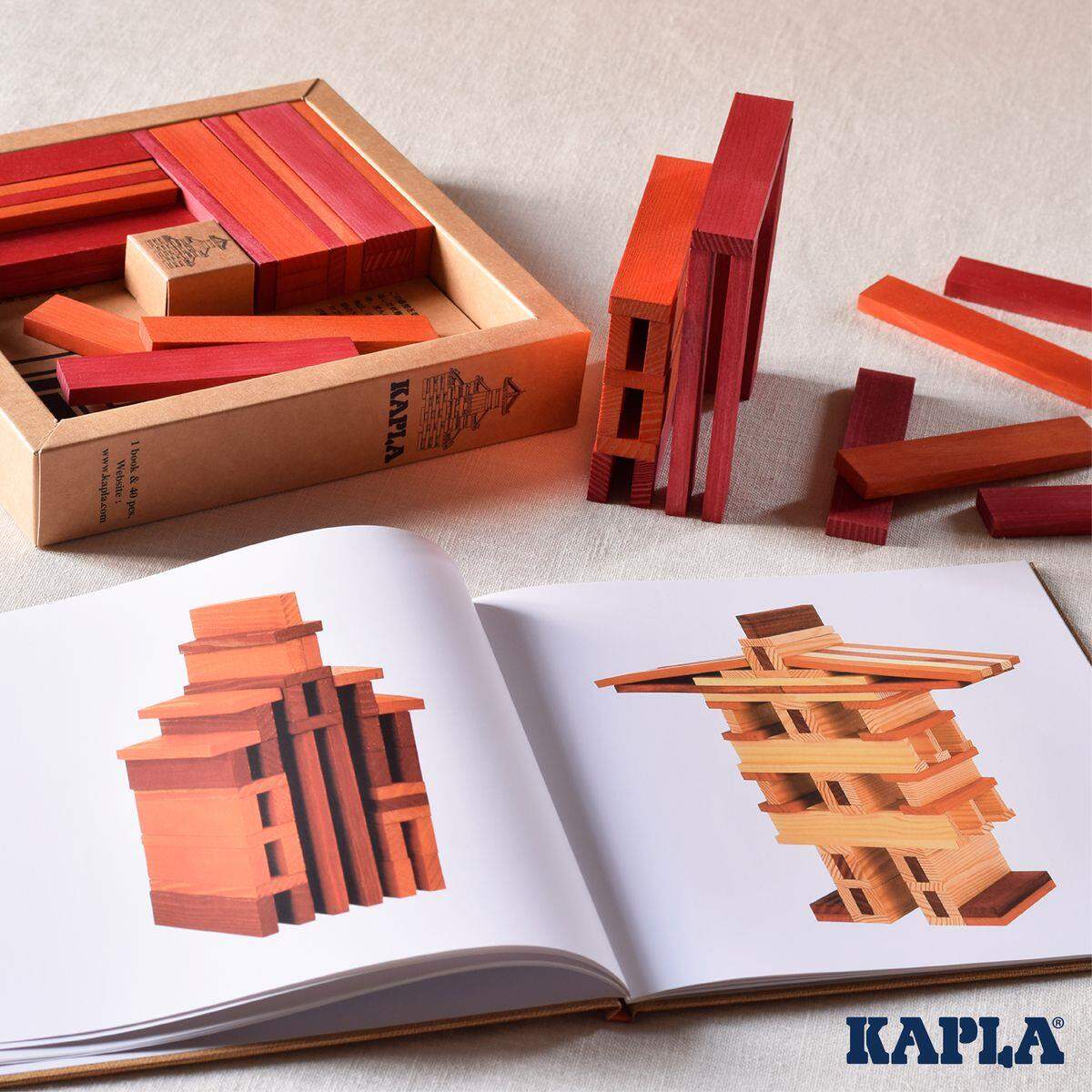 KAPLA® Holzbausteine in 40er Box mit Buch, rot / orange