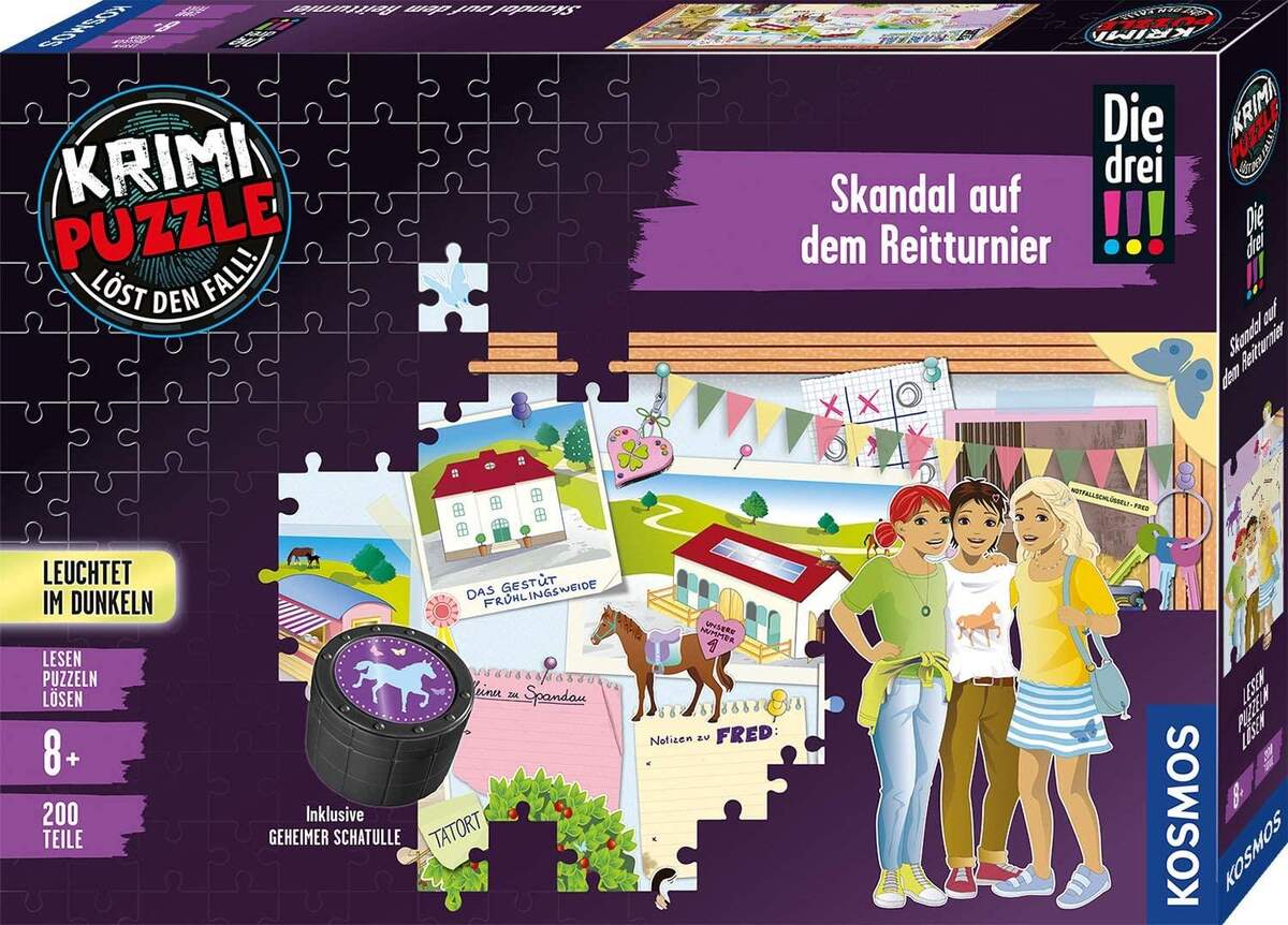 KOSMOS Krimi-Puzzle: Die drei !!! - Skandal auf dem Reitturnier, Leuchtet im Dunkeln, 200 Teile