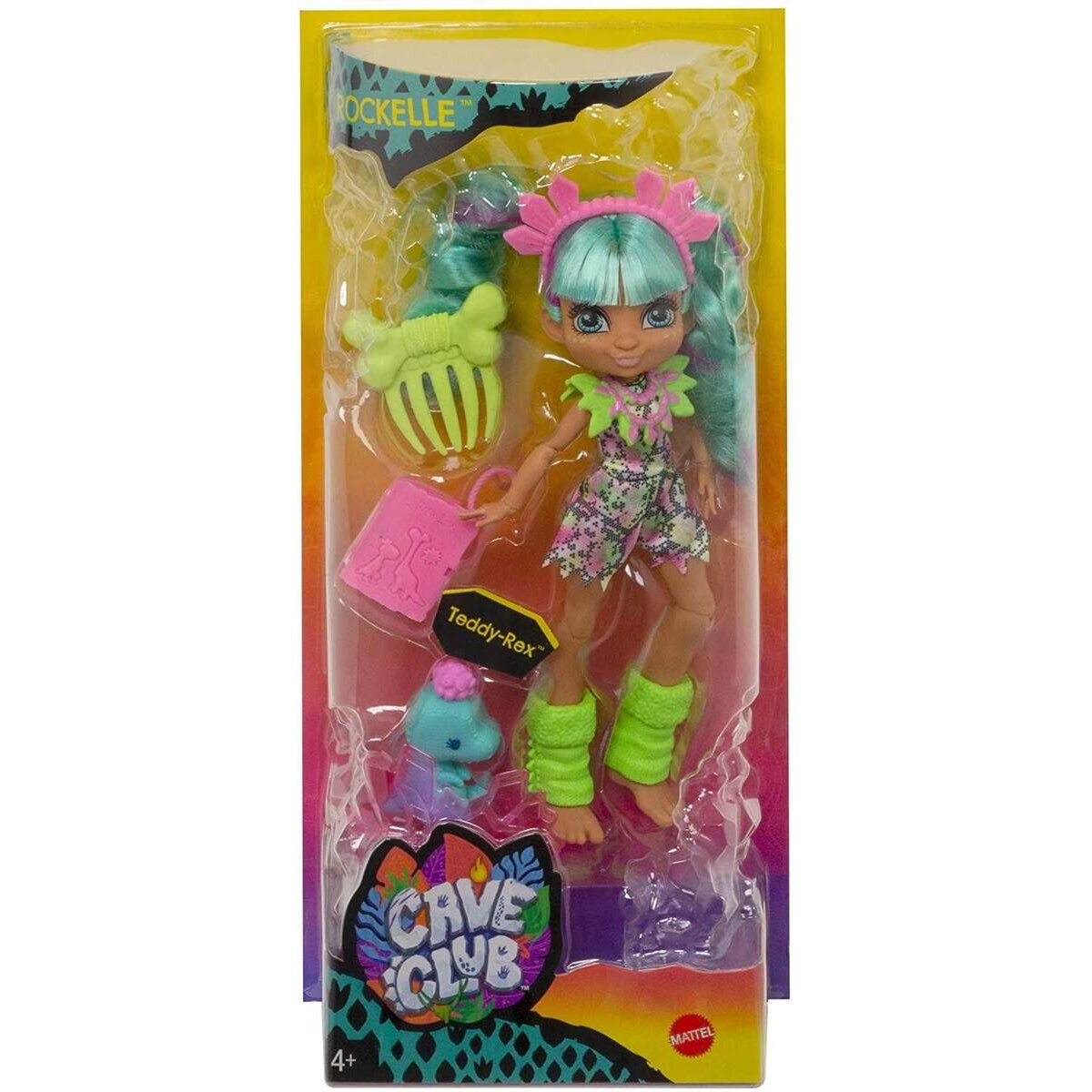 Mattel Cave Club Rockelle Puppe (25 cm), prähistorische Modepuppe mit Haus-Dinosaurier