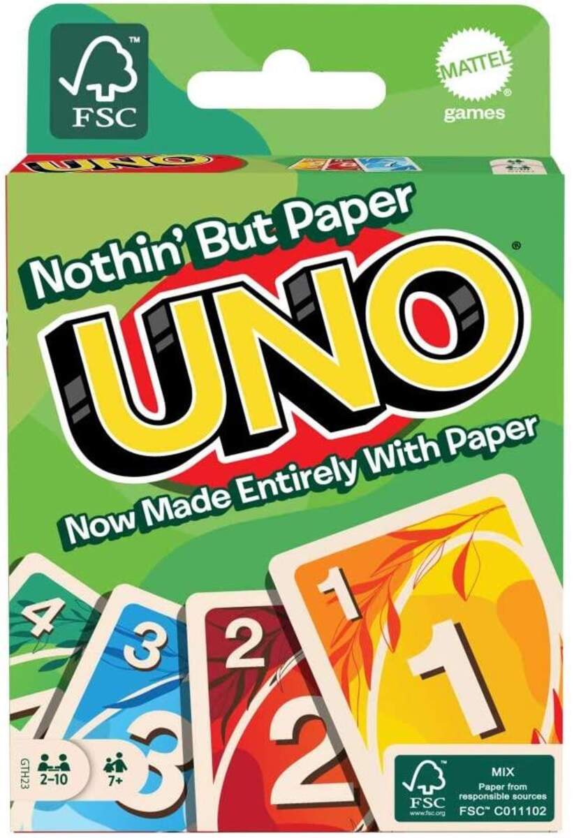 Mattel UNO 100% Papier Kartenspiel, plastikfrei und recycelbar, Familienspiel