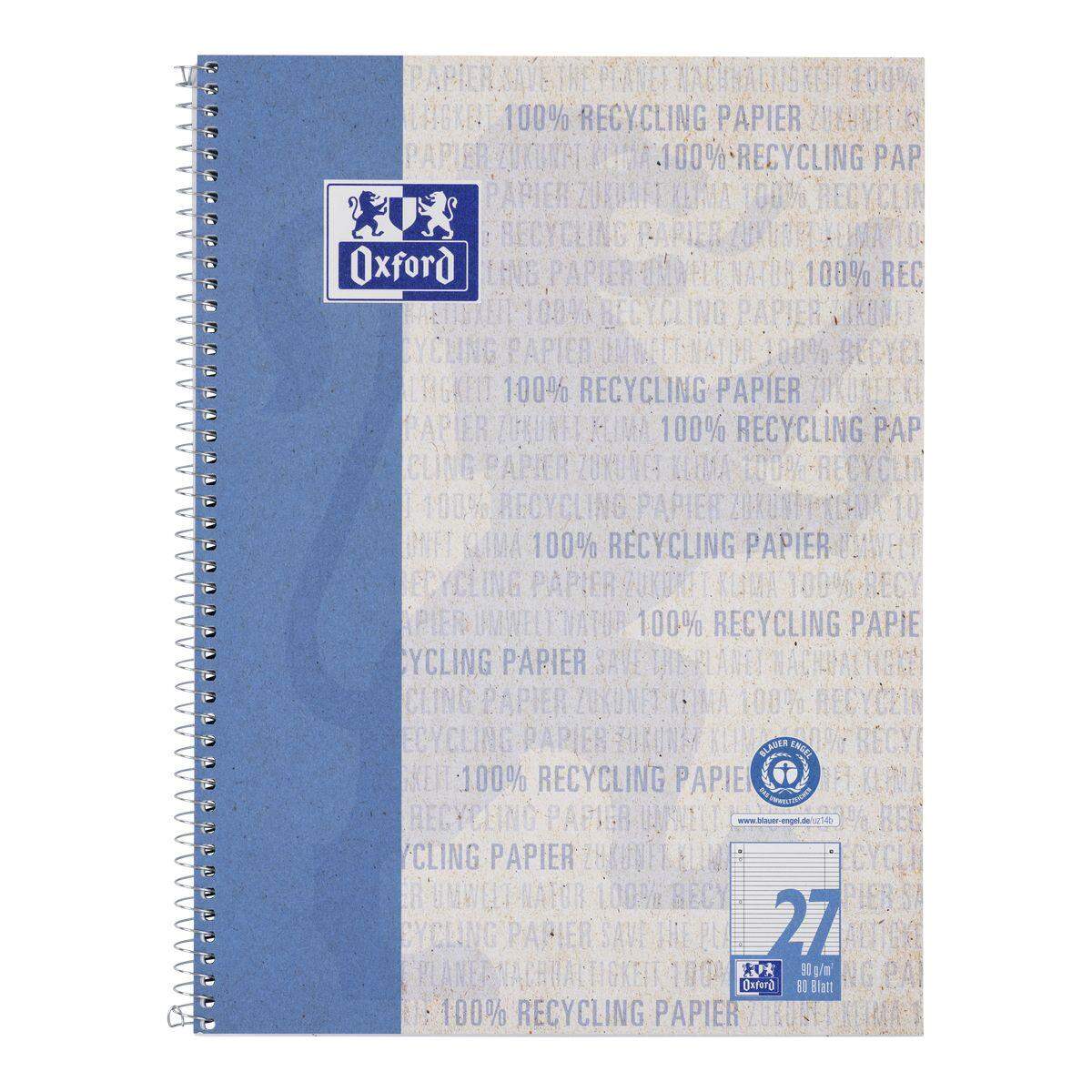 Oxford Recycling Collegeblock A4+, 80 Blatt, liniert mit Doppelrand, 90 g/m², 4fach gelocht