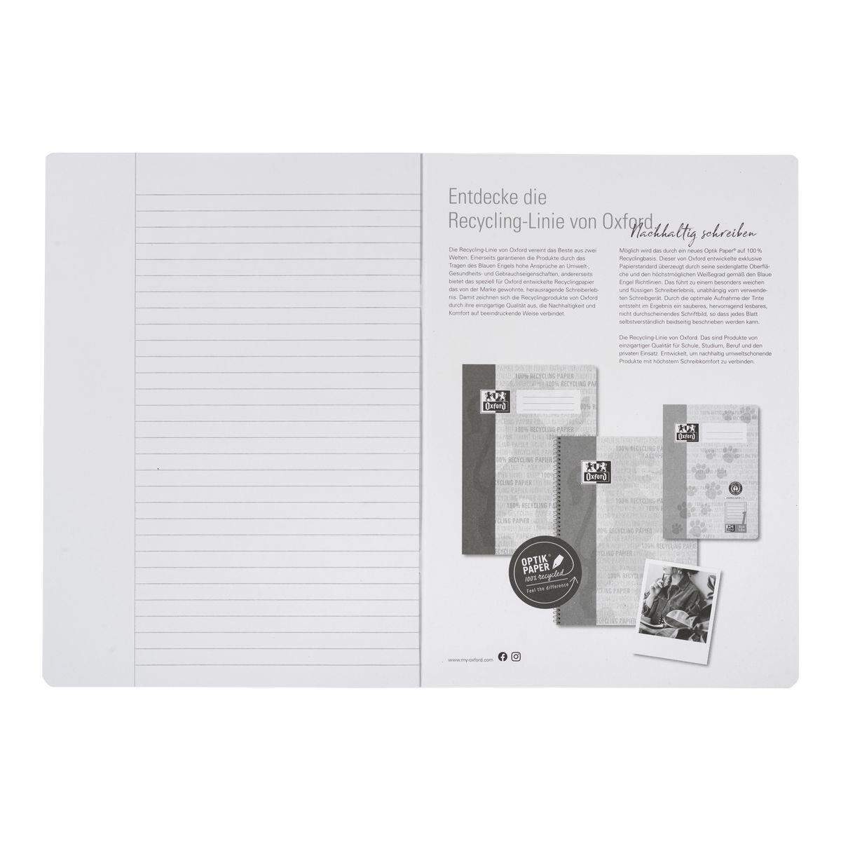 Oxford Recycling Schulheft A4, 16 Blatt, Lineatur 25 (liniert, weißer Rand rechts), 90 g/m²