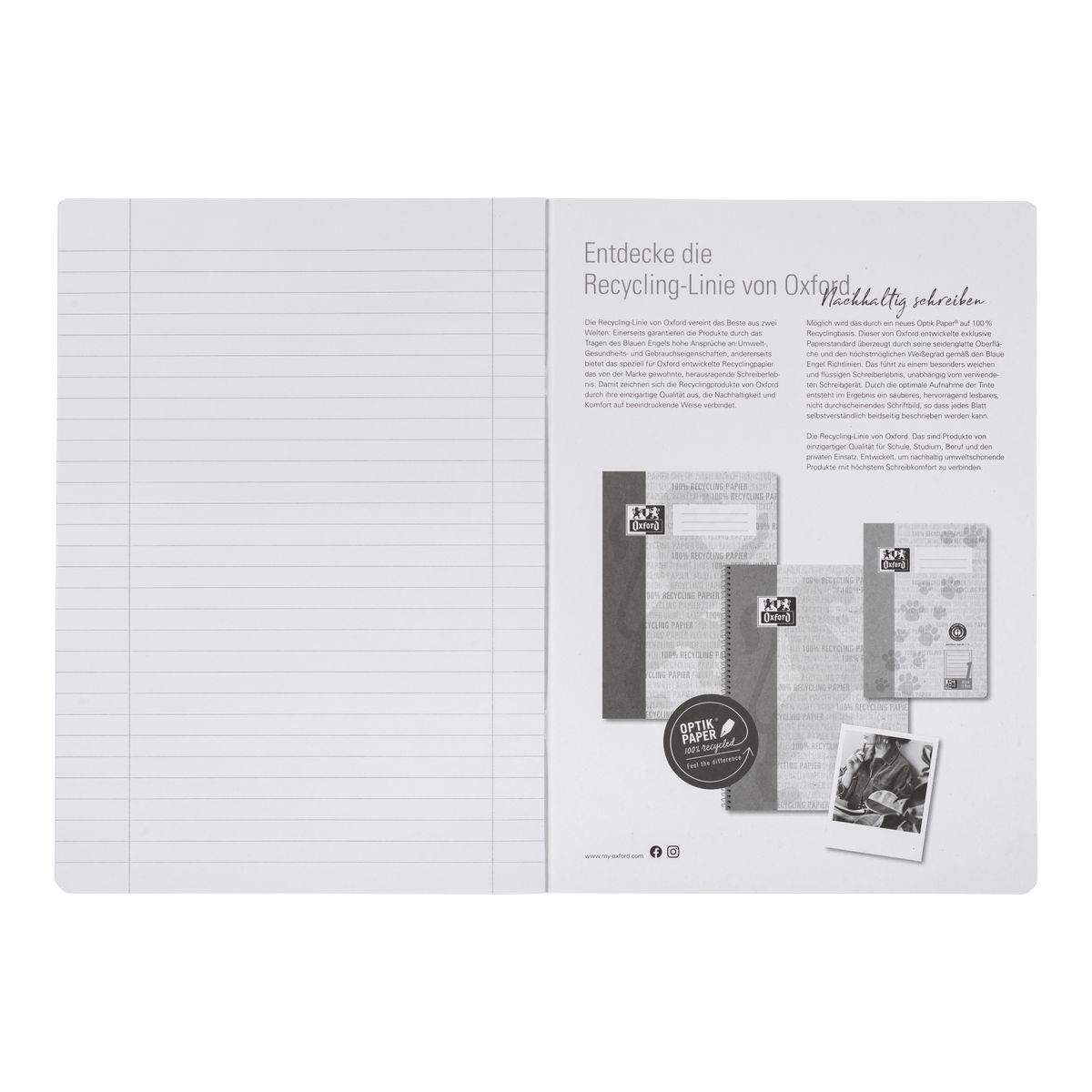 Oxford Recycling Schulheft A4, 16 Blatt, Lineatur 27 (liniert mit Rand links und rechts), 90 g/m²