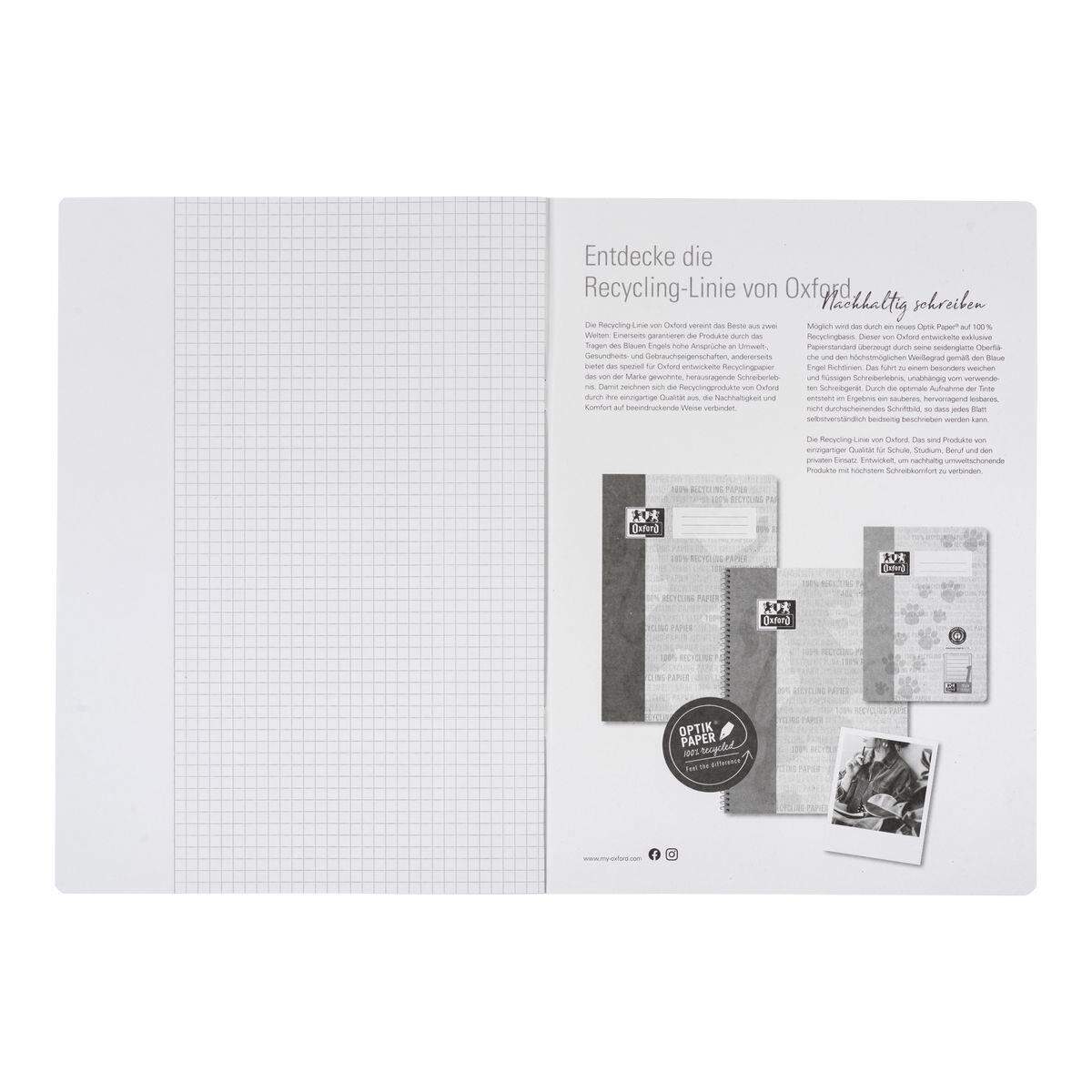 Oxford Recycling Schulheft A4, 16 Blatt, Lineatur 26 (kariert, weißer Rand rechts), 90 g/m²