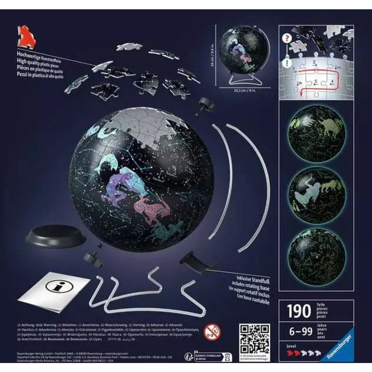 Ravensburger 3D Puzzle - Puzzle-Ball Starglobe Glow-In-The-Dark, 190 Teile