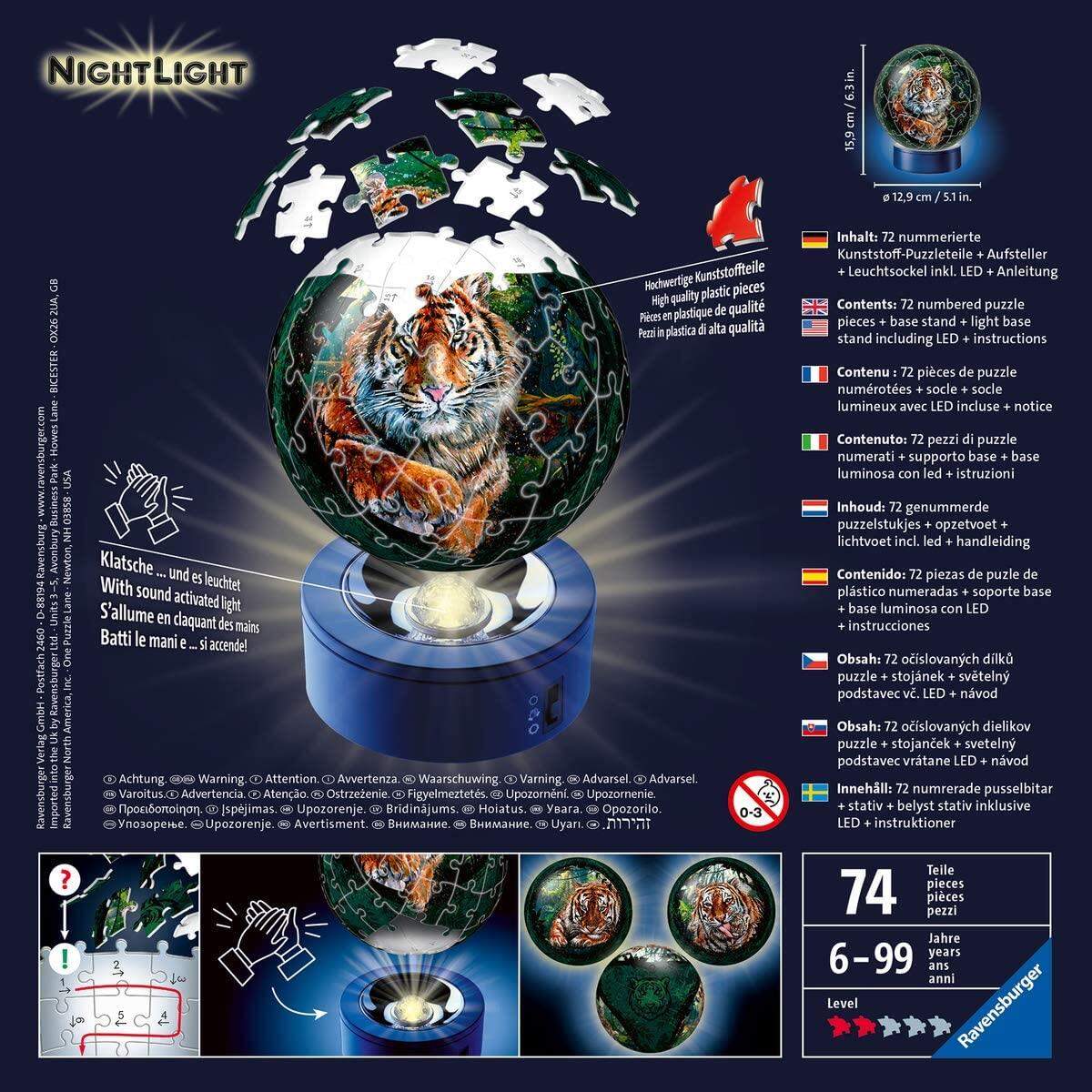 Ravensburger 3D Puzzle mit Nachtlicht - Raubkatzen, 72 Teile