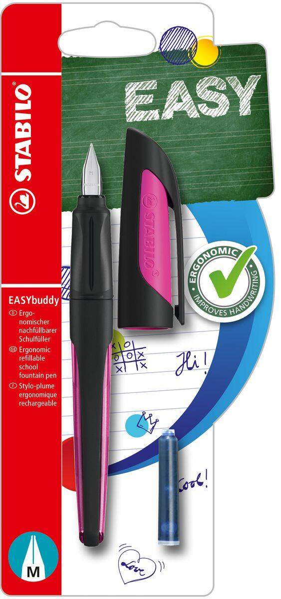 Schulfüller mit Standard-Feder M - STABILO EASYbuddy in schwarz/magenta - Schreibfarbe blau (löschbar) - Einzelstift - inklusive Patrone