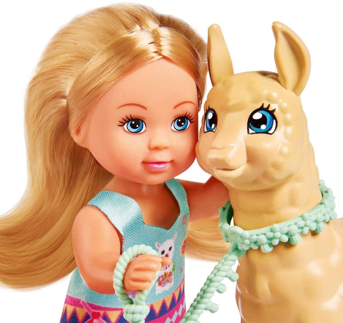 Simba Evi Love Puppe im süßen Outfit mit Alpaka und Leine, 12 cm