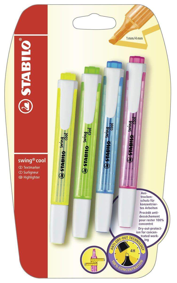 Textmarker - STABILO swing cool - 4er Pack - gelb, grün, blau, pink