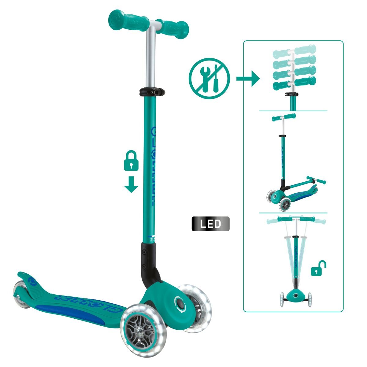 Authentic Sports Globber Primo Foldable Plus Lights türkis-dunkelblau, mit Leuchtrollen