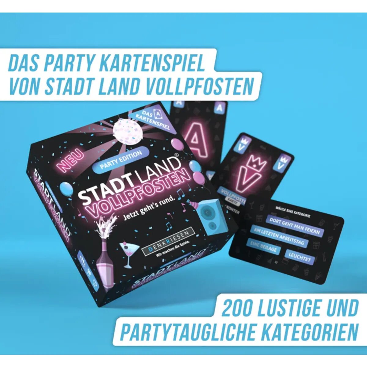 Denkriesen Stadt Land Vollpfosten® Party Edition – "Jetzt geht's rund." | Das Kartenspiel