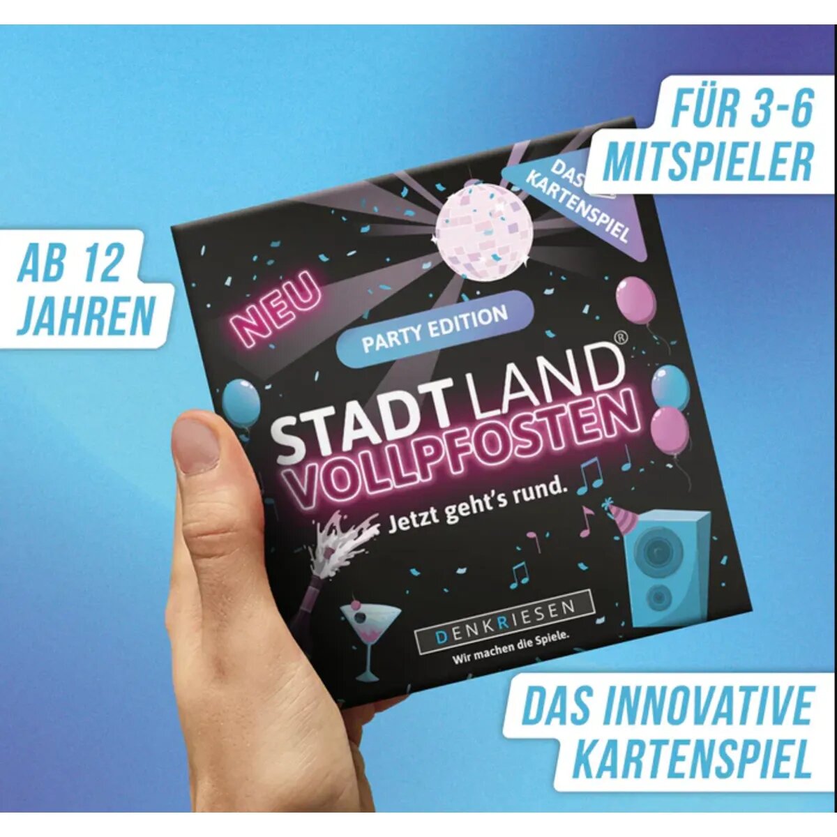 Denkriesen Stadt Land Vollpfosten® Party Edition – "Jetzt geht's rund." | Das Kartenspiel