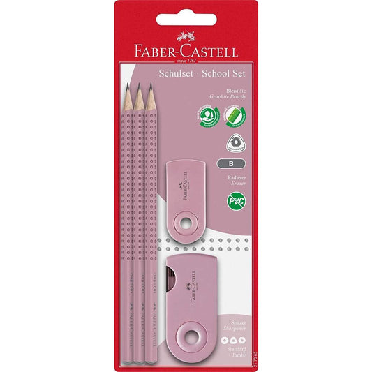 Faber-Castell - Bleistiftset School, drei Grip Bleistifte Mine B, ein Spitzer & Radiergummi, rose shadows
