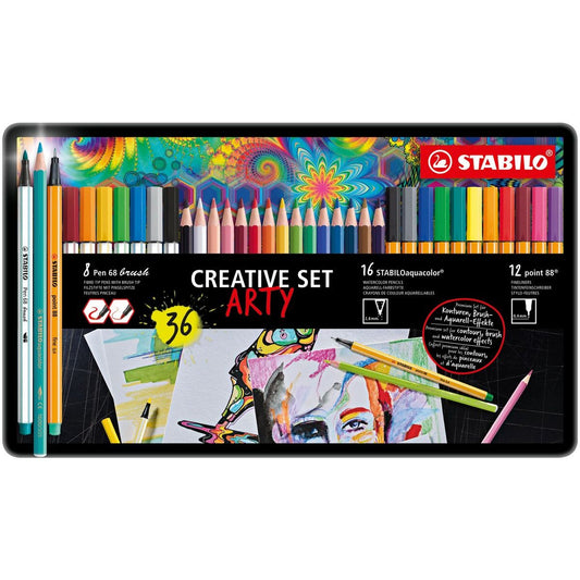 Fineliner, Premium-Filzstift mit Pinselspitze & Aquarell-Buntstift - STABILO point 88, Pen 68 brush & aquacolor - ARTY - 36er Metalletui - 12x point 88, 8x Pen 68 brush & 16x aquacolor