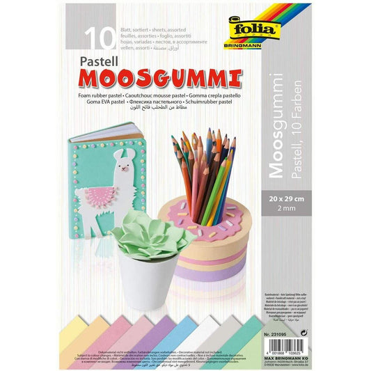 Folia Moosgummi Pastell, 2 mm, 10 Bögen, sortiert in 10 Pastellfarben